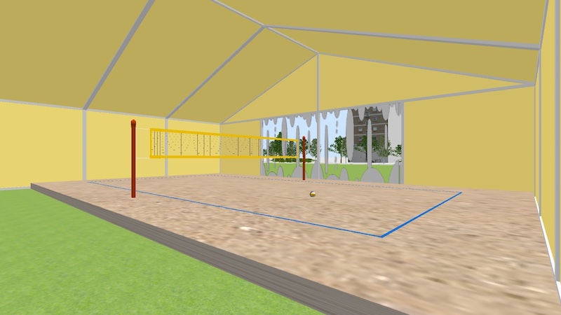 Binnenkant tent met 1 beachveld